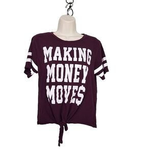 On Fire XL Tee Shirt Making Money Moves Maroon Knot Tie Front Hem Cotton Casual